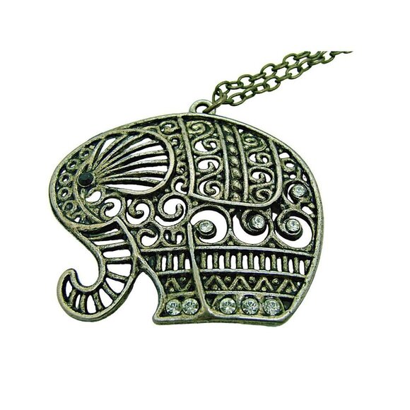 Elephant Pendant Necklace with Rhinestone Crystals Brass Filigree 15" Vintage - Picture 4 of 10